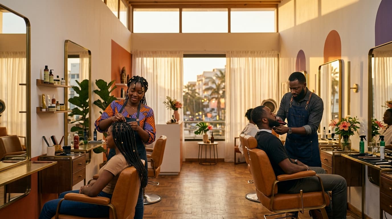 Salon de beauté à Dakar — coiffeuse tressant une cliente côté gauche, barbier soignant un client côté droit, lumière golden hour